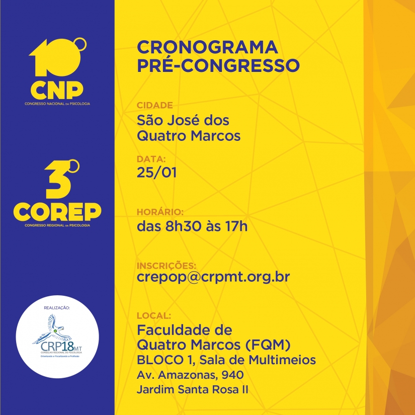Pré-congresso de Psicologia ocorre dia 25 em São José dos Quatro Marcos