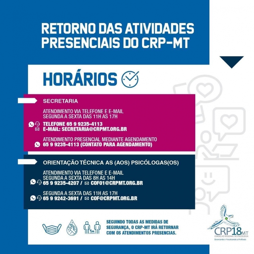 CRPMT inicia no dia 15 de setembro retorno gradual do atendimento presencial