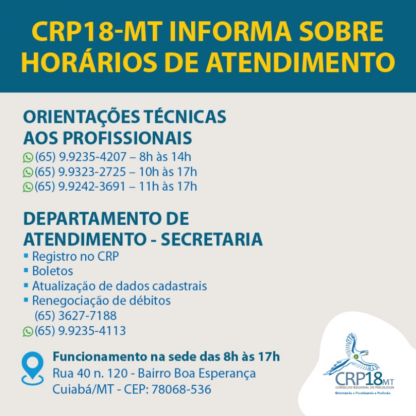 CRP18-MT informa sobre horários de atendimento