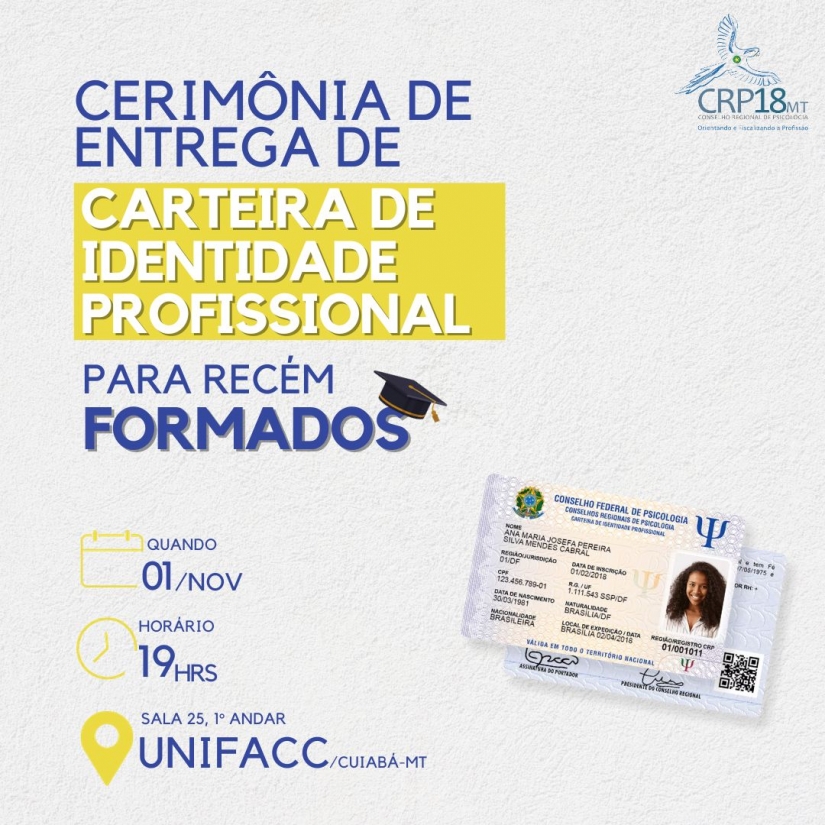 CRP18-MT Realizará Cerimônia de Entrega de Carteira de Identidade Profissional para Recém Formadas