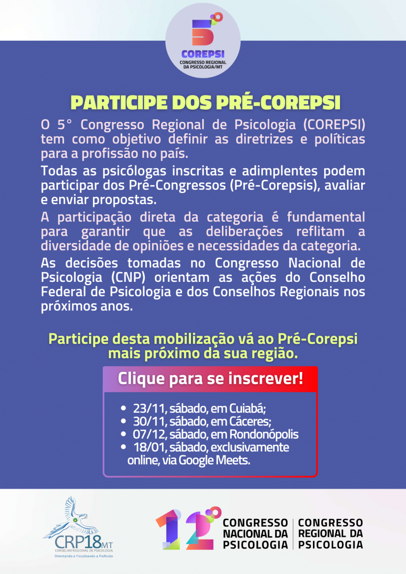 CRP18-MT divulga calendário e inscrição dos Pré Congressos de Psicologia 2024