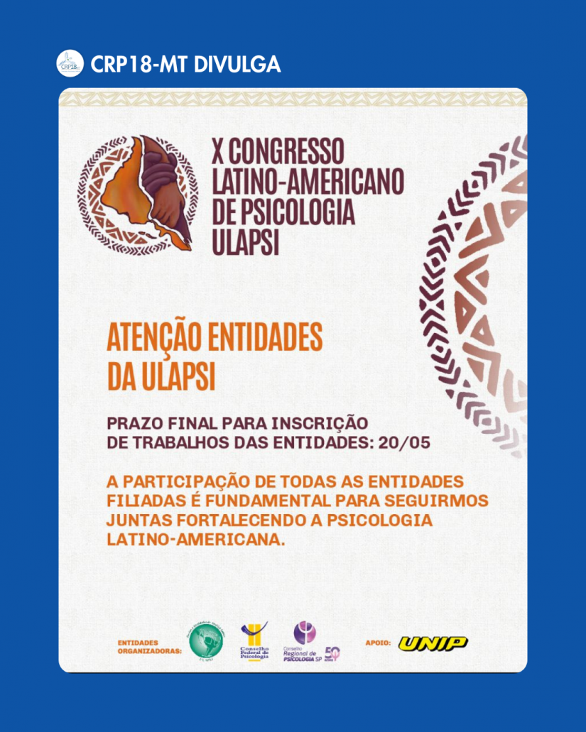 Inscrição de trabalhos para o X Congresso Latino-Americano de Psicologia é prorrogada até 20 de maio