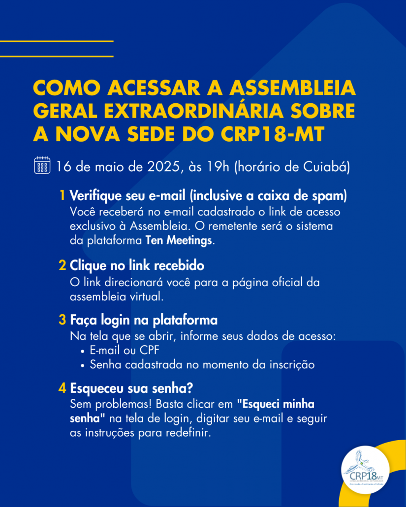 CRP18-MT orienta profissionais sobre acesso à Assembleia Geral Extraordinária