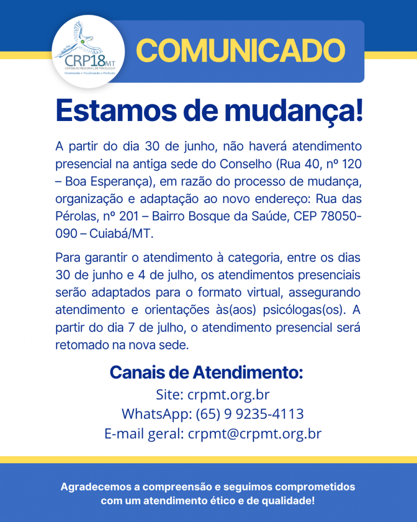 CRP18-MT muda de endereço: veja como será o atendimento durante a transição