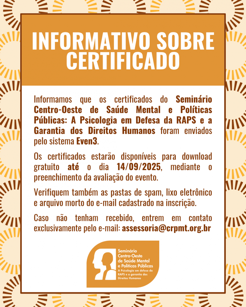 Certificados do Seminário Centro-Oeste de Saúde Mental e Políticas Públicas já estão disponíveis para download gratuito