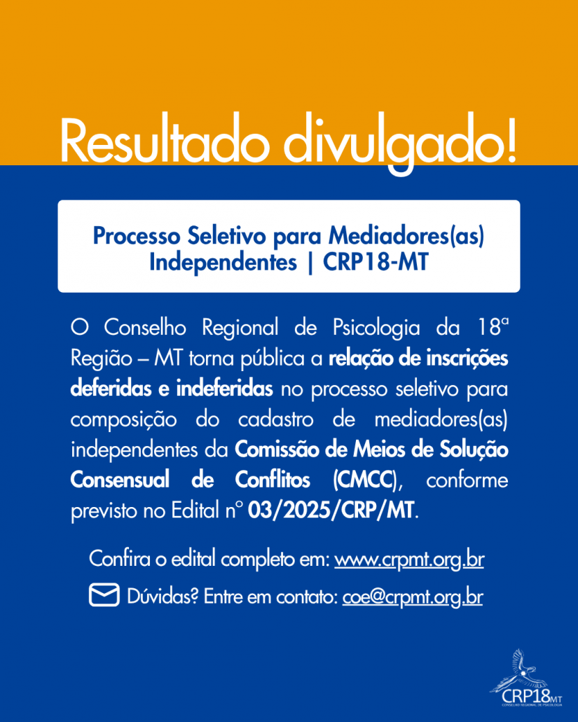 CRP18-MT divulga resultado das inscrições para seleção de mediadores(as) independentes