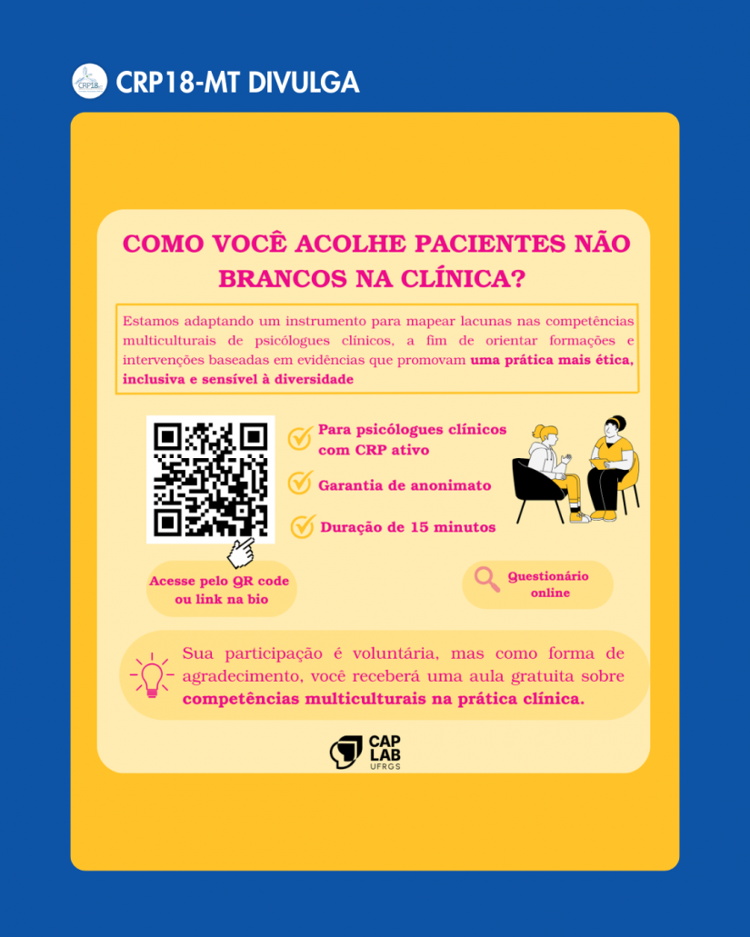 CRP18-MT divulga pesquisa nacional sobre competências multiculturais na clínica psicológica