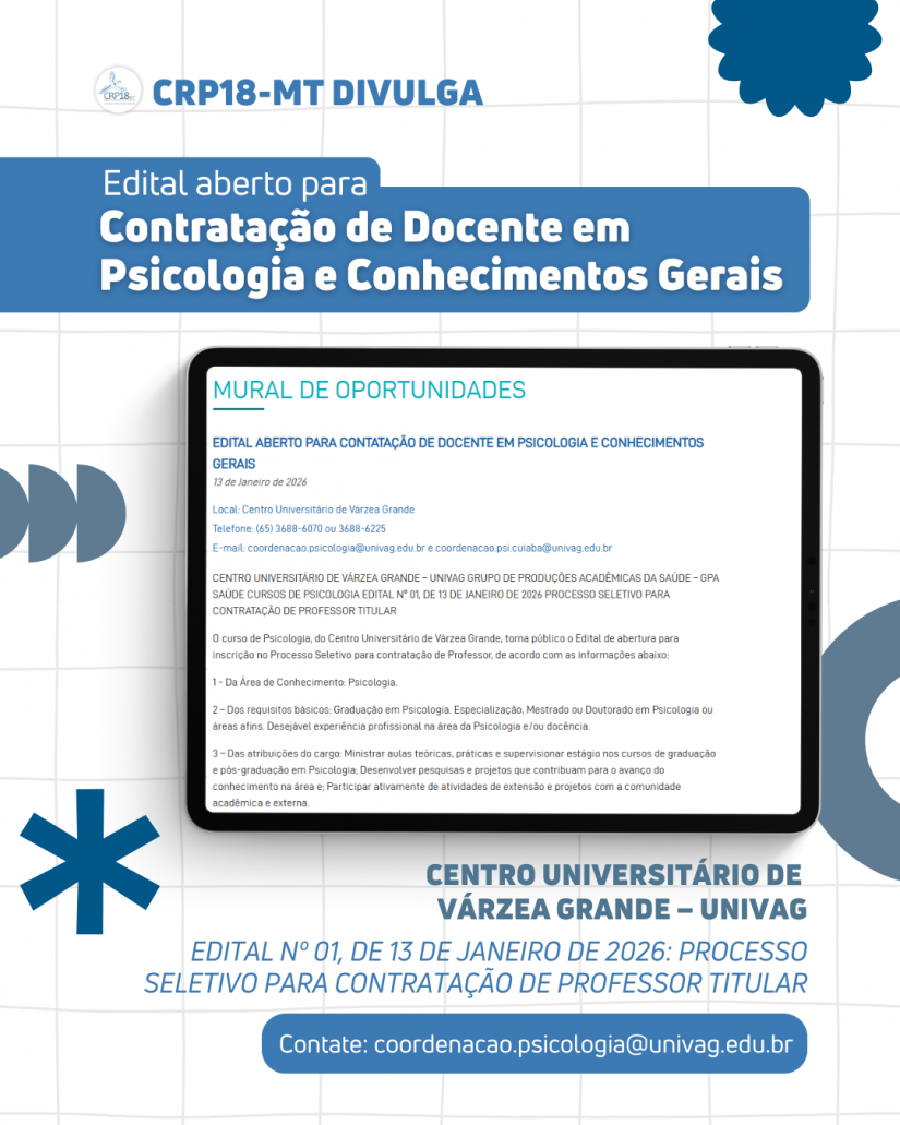 UNIVAG abre edital para contratação de docentes em Psicologia
