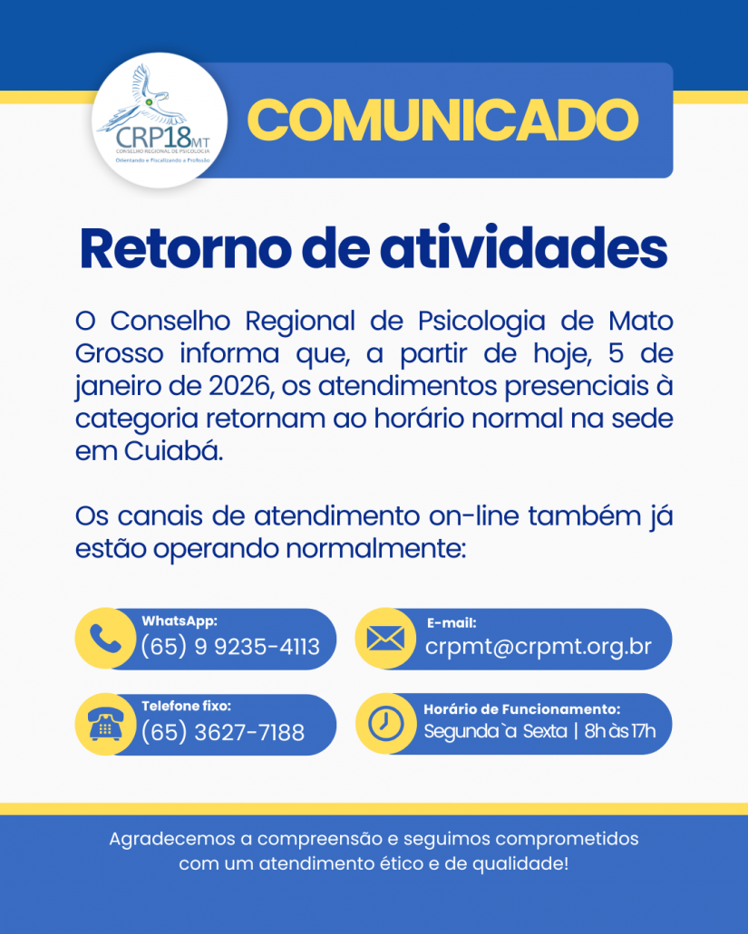CRP18-MT retoma atendimentos presenciais na sede em Cuiabá a partir de 5 de janeiro