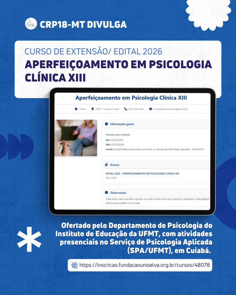 UFMT abre inscrições para o Aperfeiçoamento em Psicologia Clínica XIII