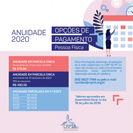 Anuidade do CRPMT poderá ser paga com 15% de desconto até 31 de janeiro