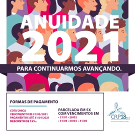 Anuidade 2021: CRP18-MT mantém valor da taxa e oferece desconto no pagamento em janeiro