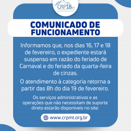 Suspensão de expediente nos dias 16, 17 e 18 de fevereiro de 2026